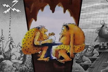 Split image of The Far Side comics about past events and characters like knights, cavemen and vikings