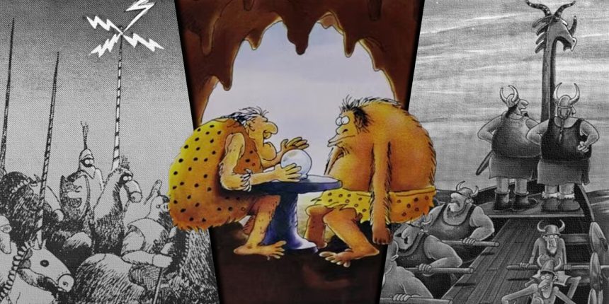 Split image of The Far Side comics about past events and characters like knights, cavemen and vikings