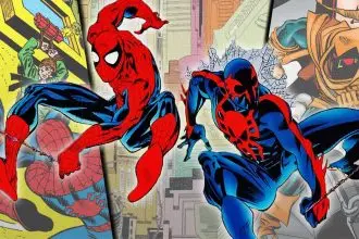 Split image of Spider-Man and Spider-Man 2099 swinging with covers to the original Clone Saga and Hobgoblin Lives