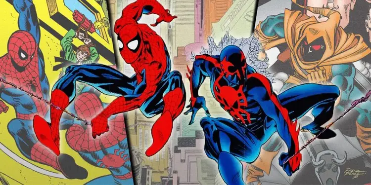 Split image of Spider-Man and Spider-Man 2099 swinging with covers to the original Clone Saga and Hobgoblin Lives