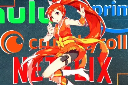 The logos for Hulu, Prime, Crunchyroll and Netflix with Crunchyroll