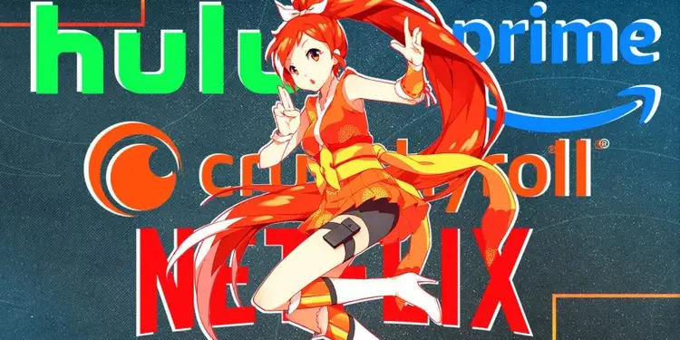 The logos for Hulu, Prime, Crunchyroll and Netflix with Crunchyroll