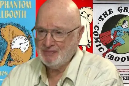 Jules Feiffer in front of three of his most famous books