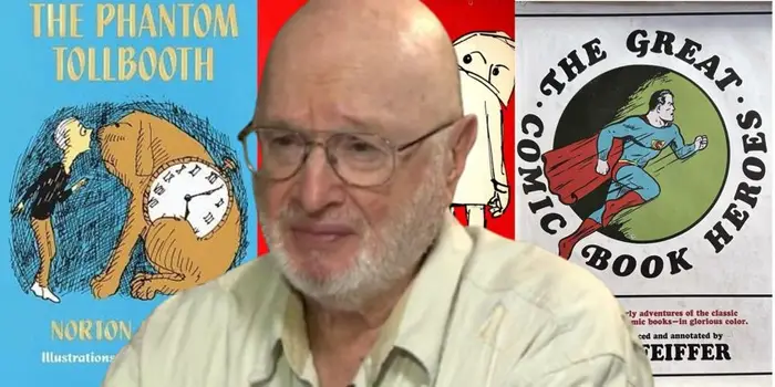 Jules Feiffer in front of three of his most famous books