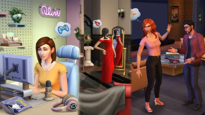 Three kits in The Sims 4 featuring a gaming theme, a fancy theme, and a modern theme.