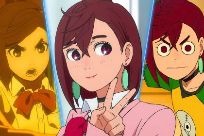 Momo Ayase from the Dandadan anime series looking angry, happy and surprised