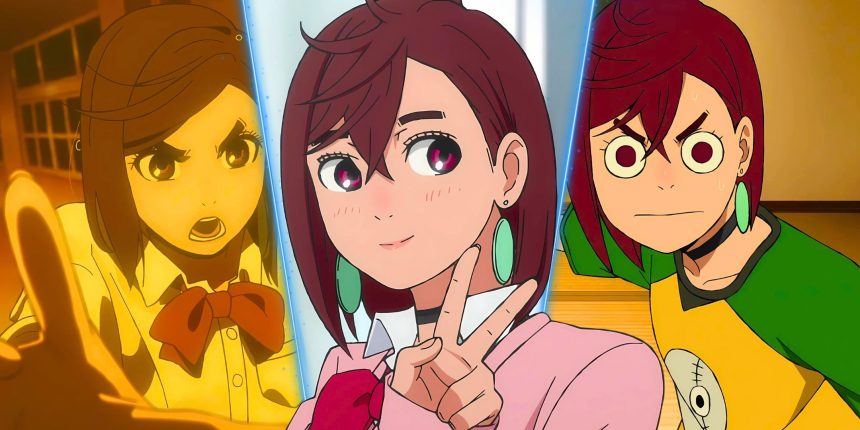 Momo Ayase from the Dandadan anime series looking angry, happy and surprised