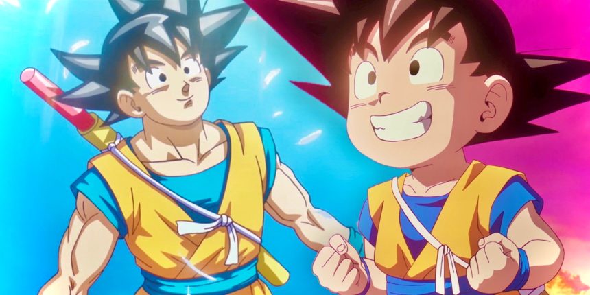 Kid Goku smiles at Adult Goku in Dragon Ball DAIMA