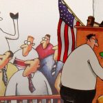 Split image of The Far Side comics featuring a cow and a crocodile in courtrooms