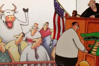 Split image of The Far Side comics featuring a cow and a crocodile in courtrooms