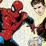 Spider-Man on a web, with the faces of Peter Parker and Mary Jane next to him