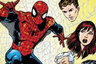 Spider-Man on a web, with the faces of Peter Parker and Mary Jane next to him